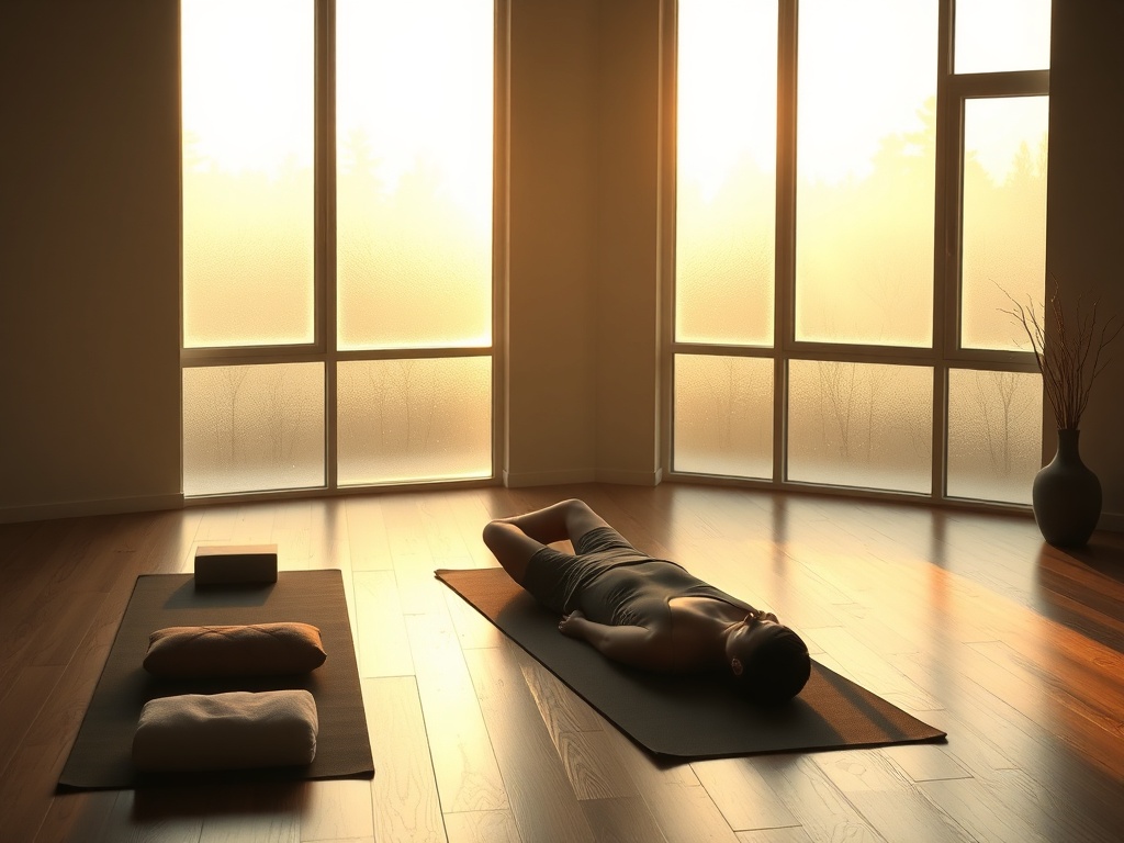 "Serene yoga studio at dawn" "soft golden light through frosted windows" "three mats with bolsters, blankets, blocks" "calm person in reclined yin pose" "gentle props, warm wooden floor"
