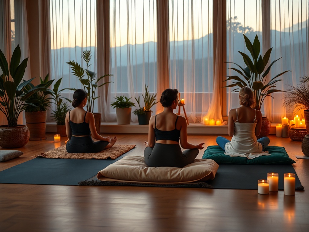 "Serene yoga studio at dusk" "three diverse people in restorative yin poses on cushions" "soft warm lighting" "plants, wooden floor, candles" "peaceful, healing atmosphere"