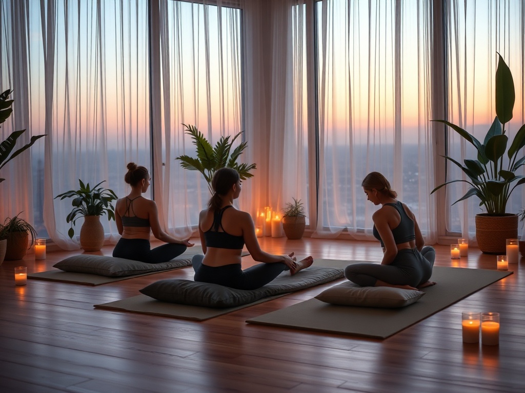 "Serene yoga studio at dusk" "three diverse people in restorative yin poses on cushions" "soft warm lighting" "plants, wooden floor, candles" "peaceful, healing atmosphere"