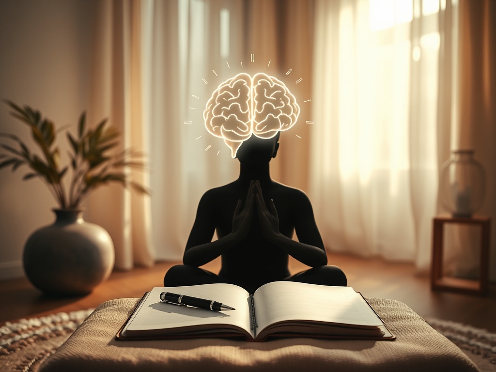 "peaceful therapy room" "soft natural light" "open notebook and pen" "gentle hands over a human silhouette" "brain illustration subtly glowing" "calm person practicing breathing" "warm earthy color palette"