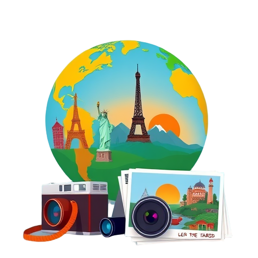 Een kleurrijke globe met beroemde landmarks en camera's.