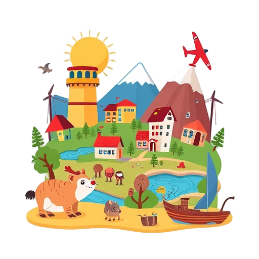 Speelse ansichtkaart met kleurrijke landschappen en dieren.
