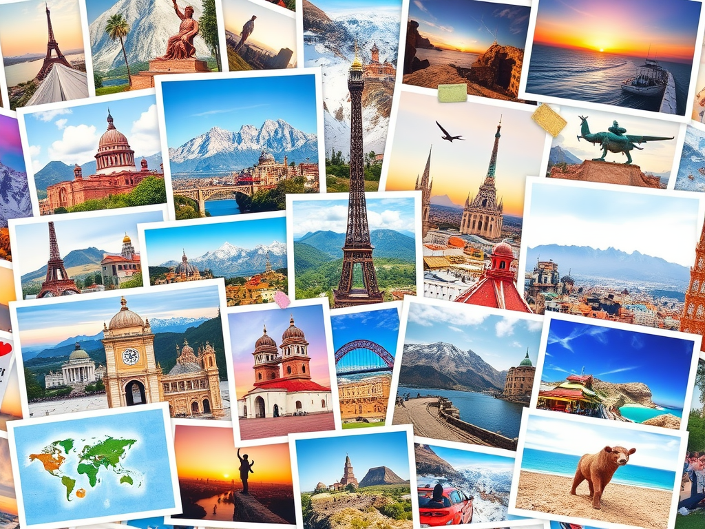 Een levendige collage van reisfoto's en ansichtkaarten.