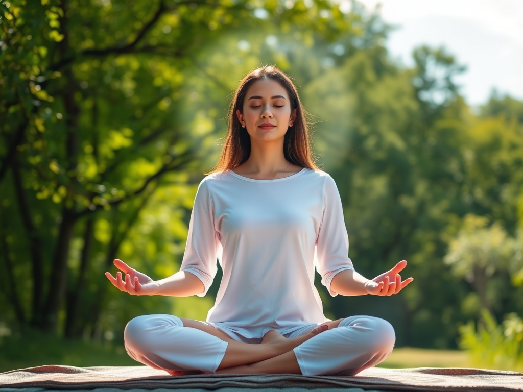 A calm serene person meditating "soft glowing light" "gentle waves of energy surrounding" "peaceful natural setting with green trees and clear sky" "subtle aura of balance and strength"