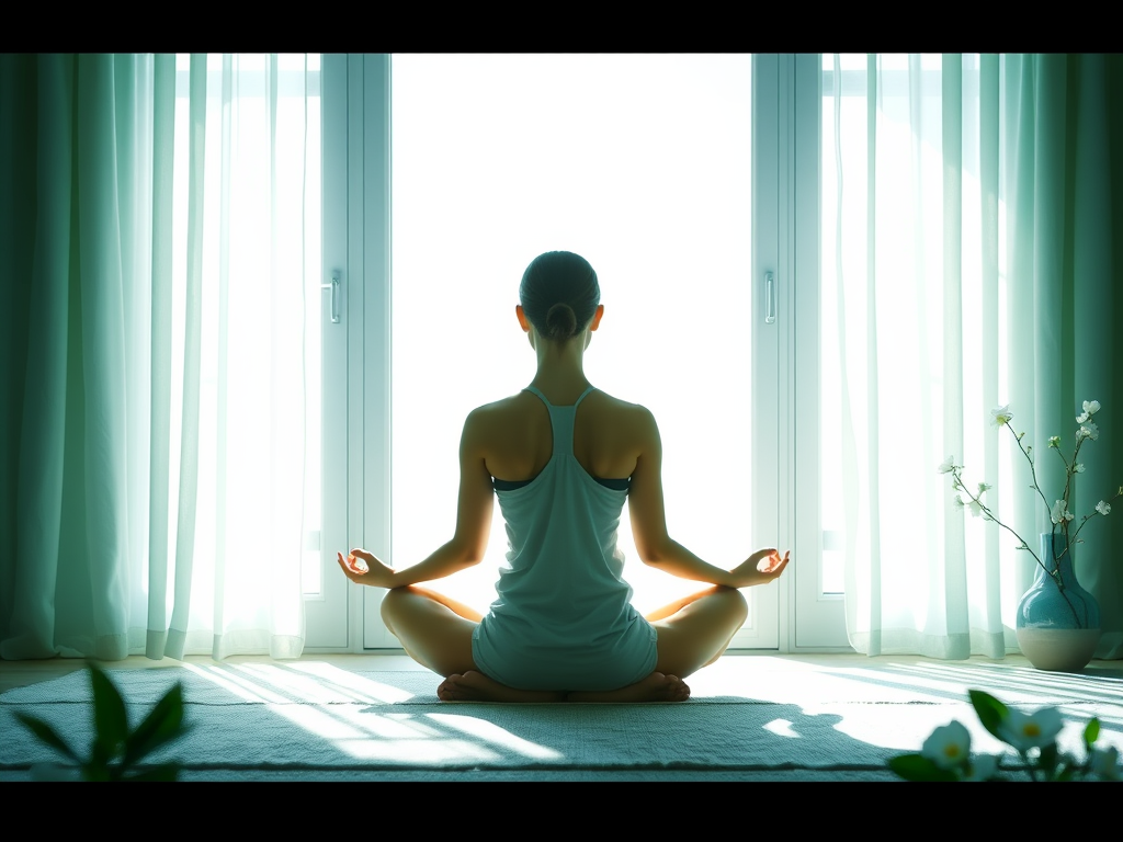 "a serene person sitting cross-legged in a sunlit room" "soft glowing light filtering through sheer curtains" "calm nature elements like gentle waves and blooming flowers" "soothing blue and green color palette" "symbols of balance and tranquility subtly 