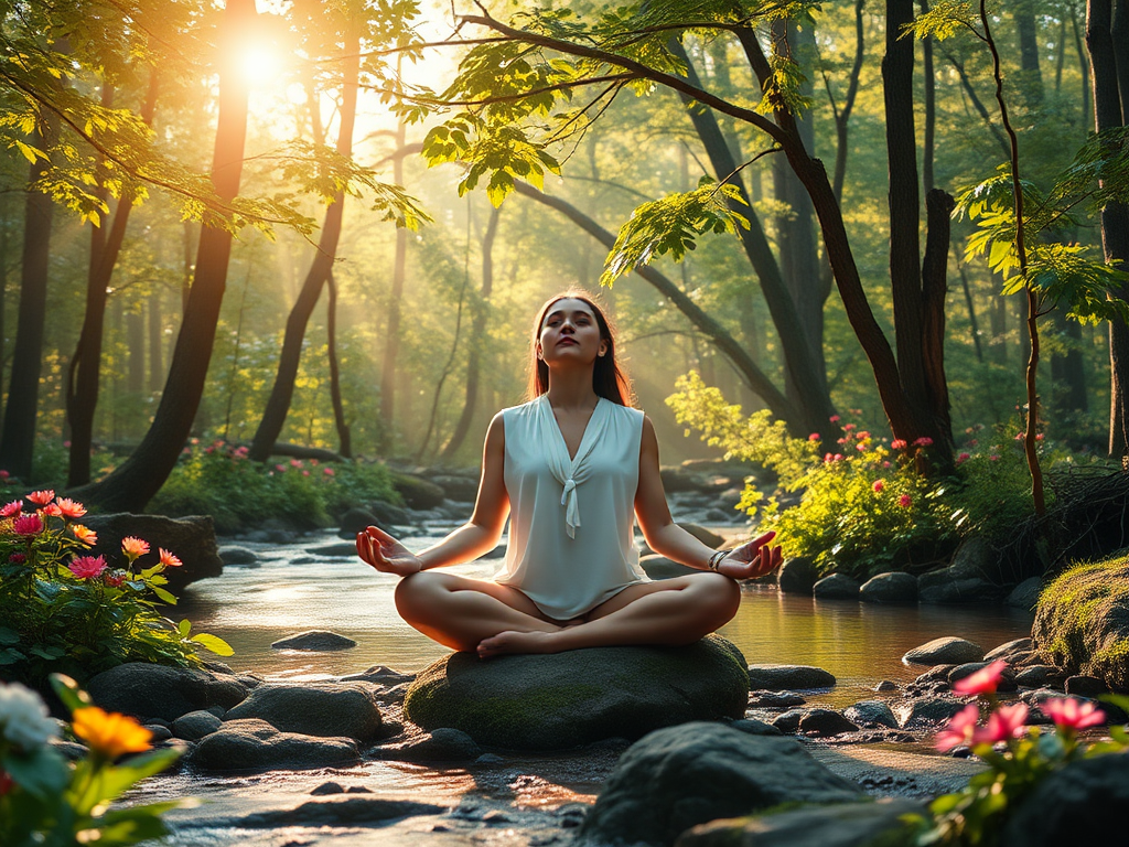 Een serene vrouw die mediteert in een bos.
