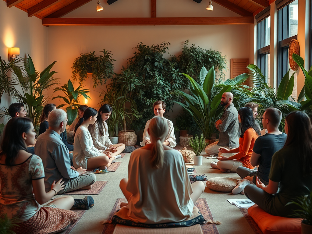 Een serene meditatieruimte met diverse deelnemers en planten.