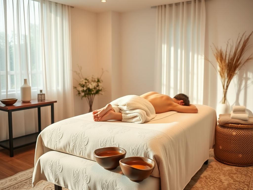 "luxurious home massage setting" "soft lighting" "plush massage table with thick mattress" "heated oils in small bowls" "calm serene room" "relaxed person receiving massage" "therapeutic ambiance"