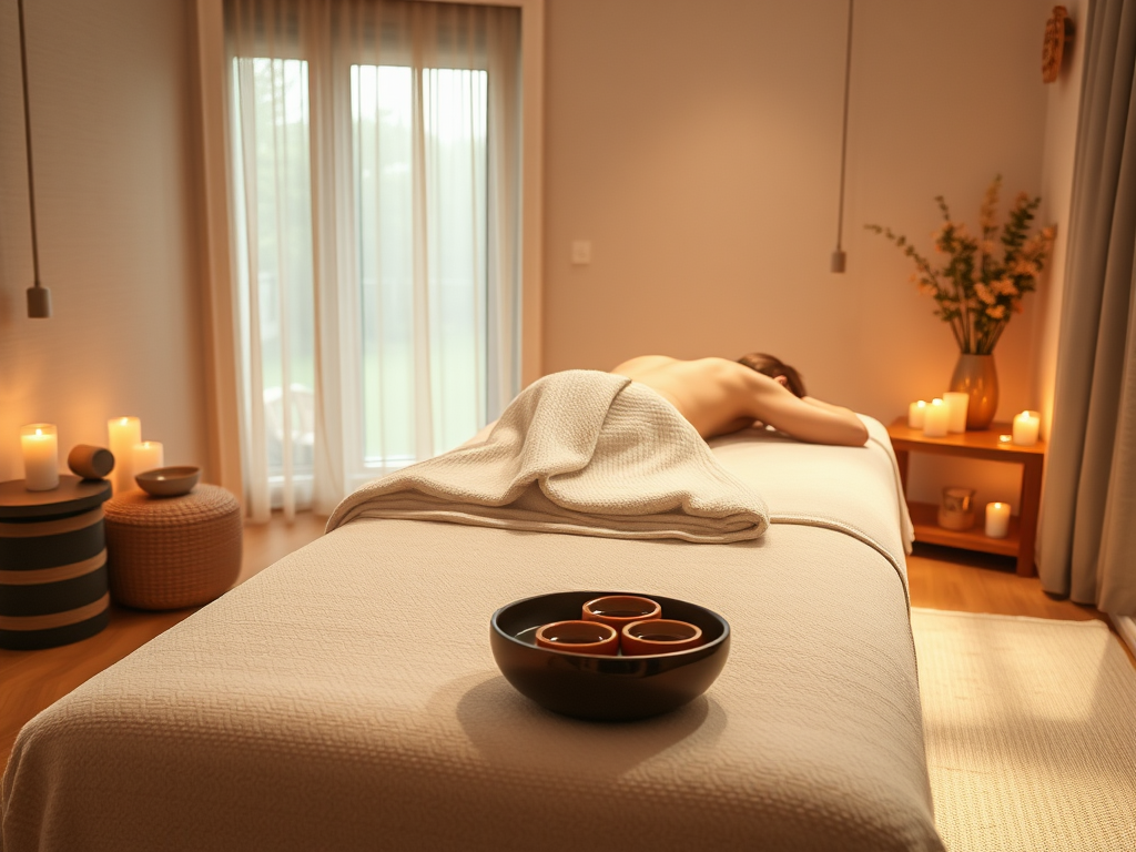 "luxurious home massage setting" "soft lighting" "plush massage table with thick mattress" "heated oils in small bowls" "calm serene room" "relaxed person receiving massage" "therapeutic ambiance"
