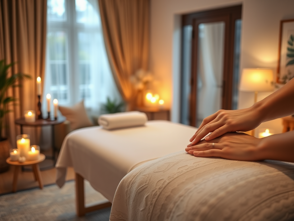 A serene, warmly lit living room with a cozy massage table, soft glowing candles, flowing essential oil bottles, gentle hands massaging relaxed shoulders.