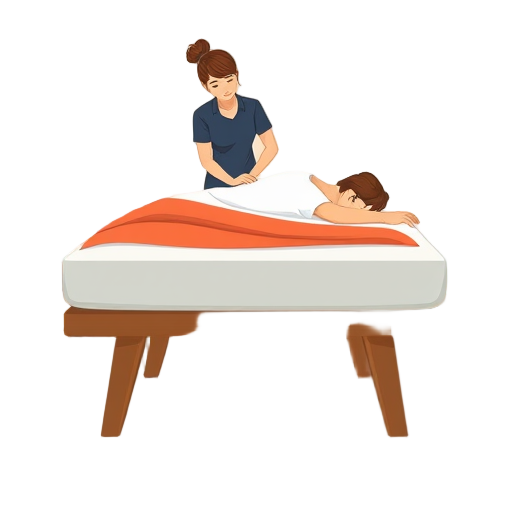 "massage therapist" "home setting" "heated oil bottle" "comfortable massage table" "thick mattress" "protective carpet" "relaxed person"