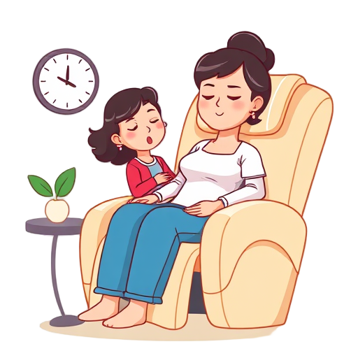 "Relaxed mother" "massage chair" "peaceful clock"