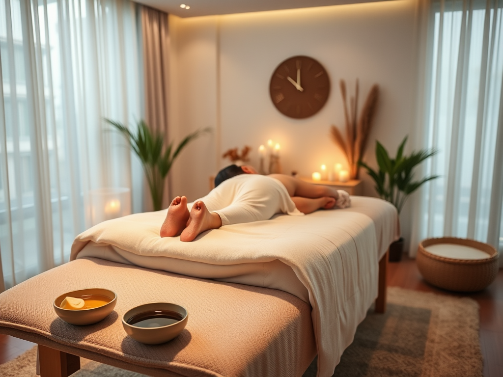 "luxurious home massage setting" "soft lighting" "plush massage table with thick mattress" "heated oils in small bowls" "calm serene room" "relaxed person receiving massage" "therapeutic ambiance"