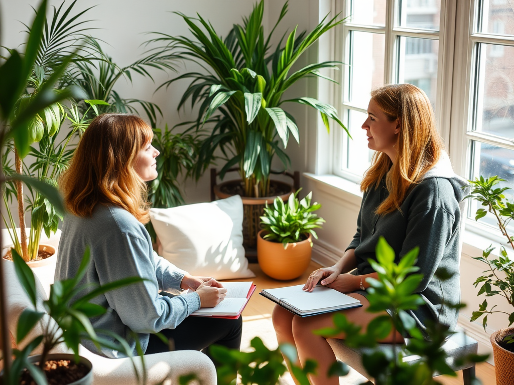 Rustige coachingsessie met twee mensen in een lichte kamer.