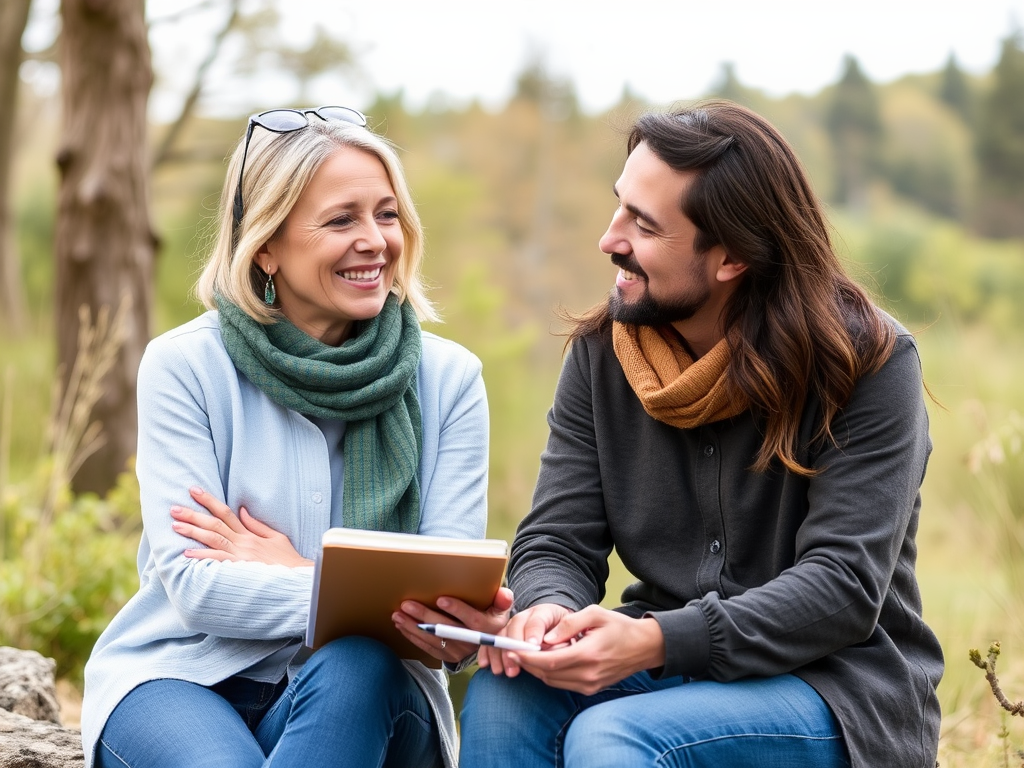 Een coachingssessie in de natuur met een notitieboek.