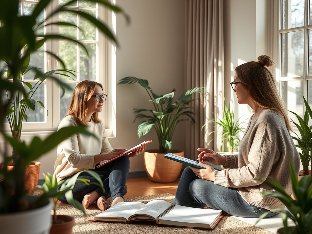 Rustige coachingsessie in een zonverlichte kamer.