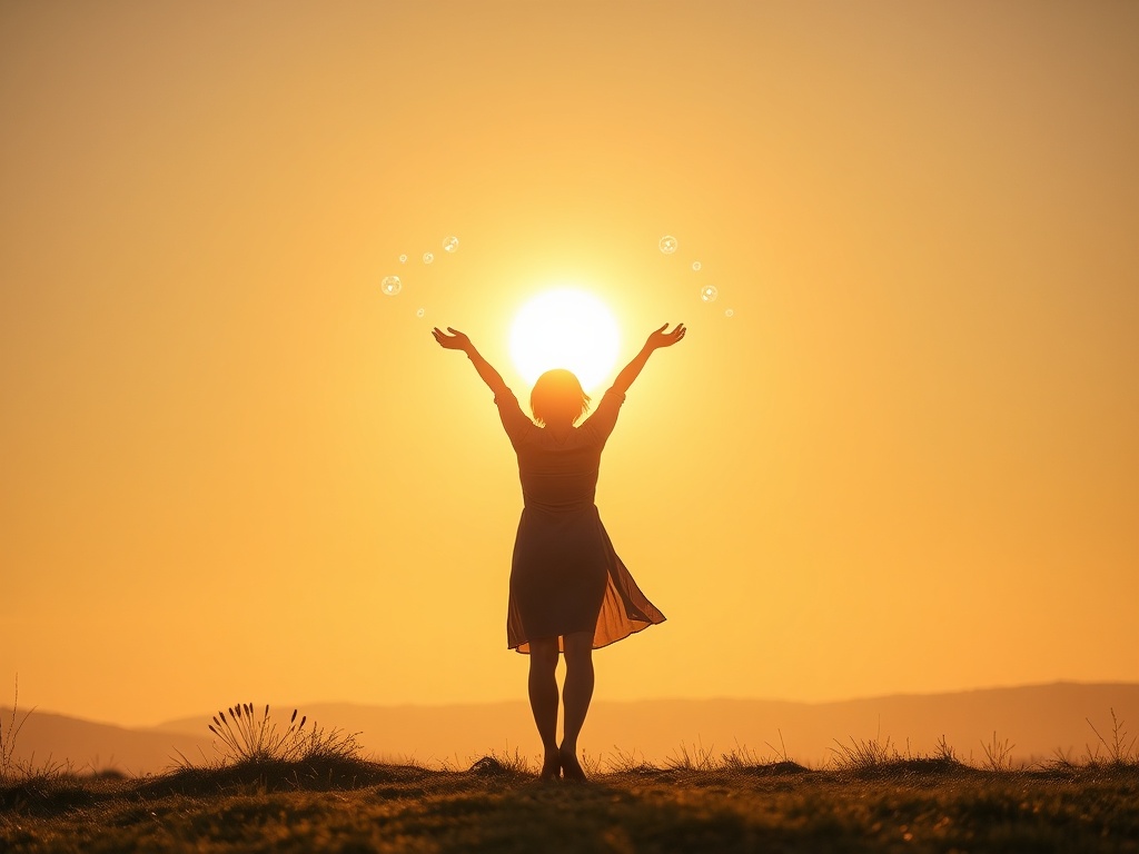 "A serene midlife woman standing at dawn, backlit by rising sun, releasing shimmering orbs into the air, surrounded by softly swirling energy and a quiet, spacious landscape."