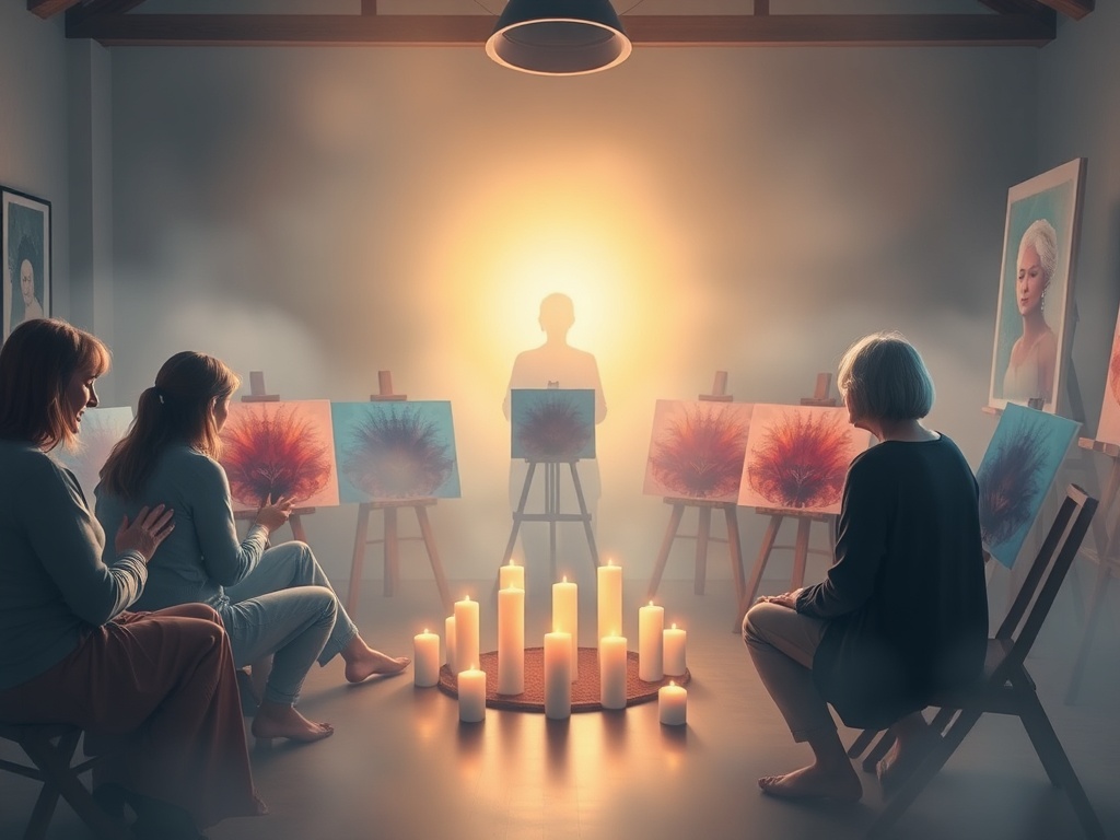 "A serene, candlelit studio circle of women 40+, painting intuitively, soft colors, ethereal glow around Spirit Guide silhouettes, gentle friends witnessing, sacred, welcoming."