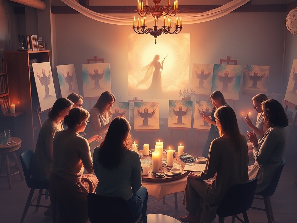"A serene, candlelit studio circle of women 40+, painting intuitively, soft colors, ethereal glow around Spirit Guide silhouettes, gentle friends witnessing, sacred, welcoming."