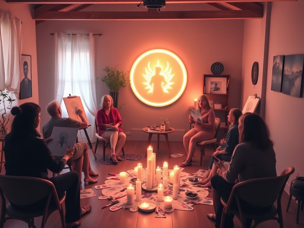 "A serene, candlelit studio circle of women 40+, painting intuitively, soft colors, ethereal glow around Spirit Guide silhouettes, gentle friends witnessing, sacred, welcoming."