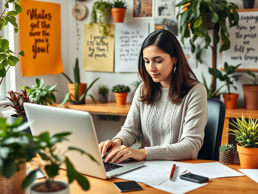 Een moeder werkt geconcentreerd aan een laptop, omringd door planten.