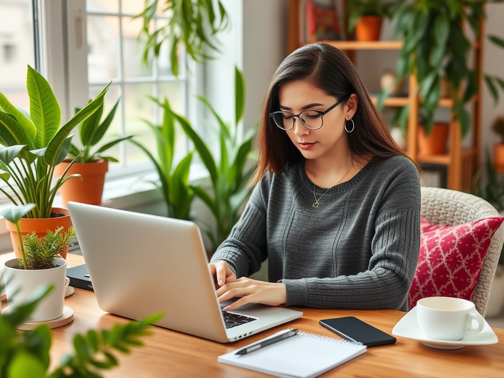 Een moeder werkt geconcentreerd aan haar laptop in een gezellige thuiswerkplek.