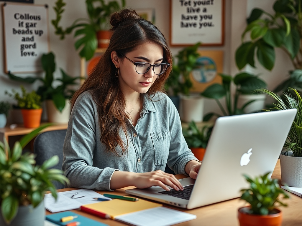 Een moeder werkt gefocust op een laptop in een groene werkruimte.