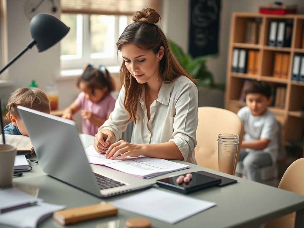 Een moeder werkt geconcentreerd aan een bureau met kinderen die spelen.