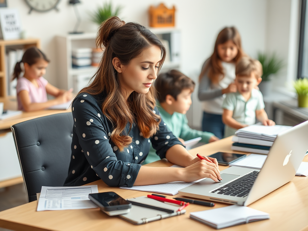 Een moeder werkt geconcentreerd aan een bureau met kinderen op de achtergrond.