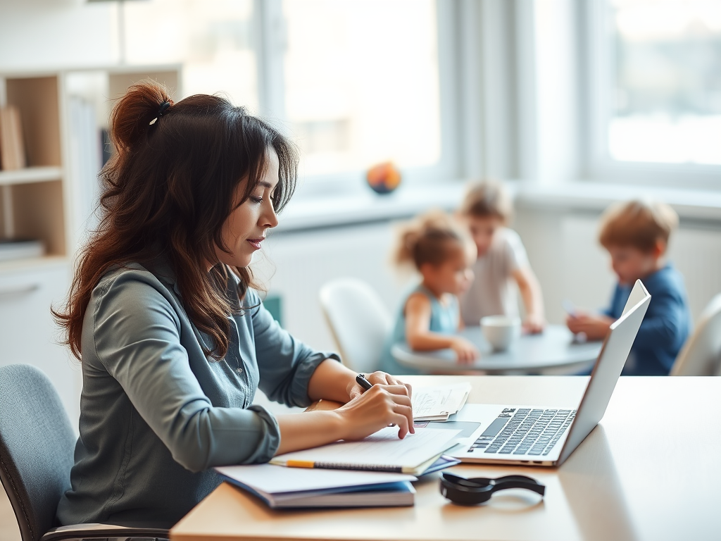 Een moeder die gefocust aan een bureau werkt, met spelende kinderen op de achtergrond.