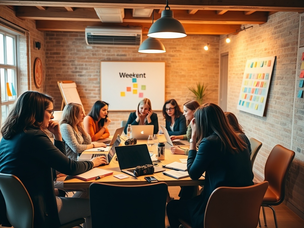 "A bright, focused workshop scene in a cozy Weert venue, women entrepreneurs 30-50 collaborating around a table with laptops, notebooks, cameras, and colorful sticky notes, warm lighting, energetic yet focused atmosphere."