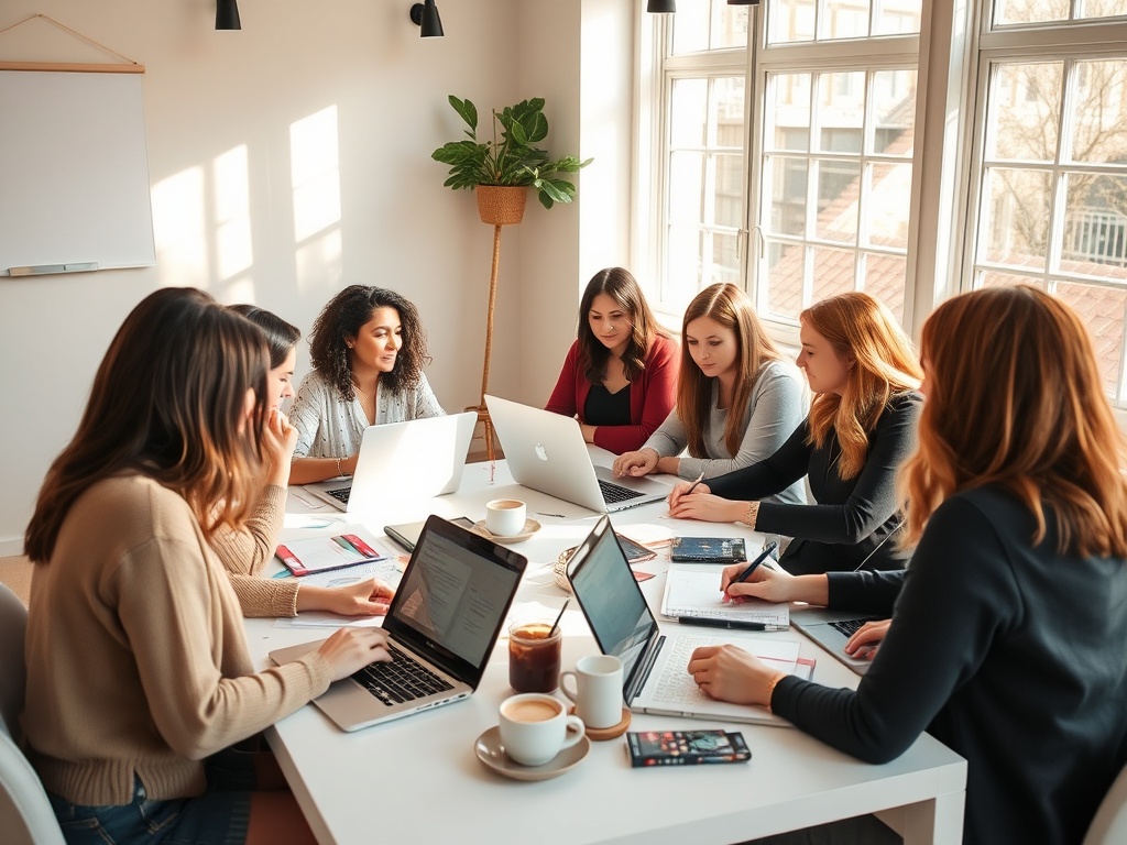 "A focused, stylish content day in a bright Weert workshop room; diverse women 30-50 collaborating, laptops open, notes, coffee, warm sunlight, minimalist decor, energy, momentum."