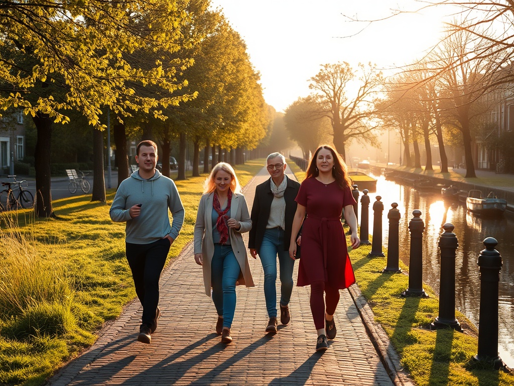"sunlit canal path in Leeuwarden" "small diverse group walking slowly" "soft golden hour light" "peaceful reflections on water" "breathing, relaxed expressions" "gentle trees, cobblestone path"