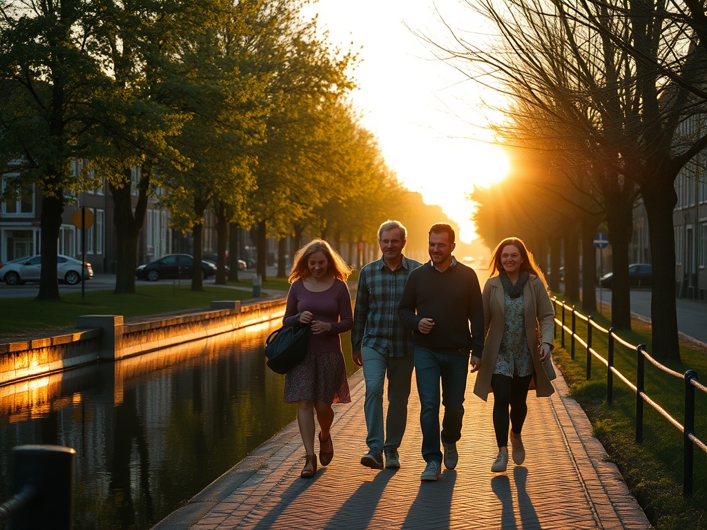 "sunlit canal path in Leeuwarden" "small diverse group walking slowly" "soft golden hour light" "peaceful reflections on water" "breathing, relaxed expressions" "gentle trees, cobblestone path"