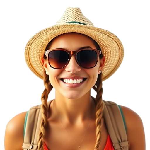 Een glimlachende persoon met een hoed en zonnebril.