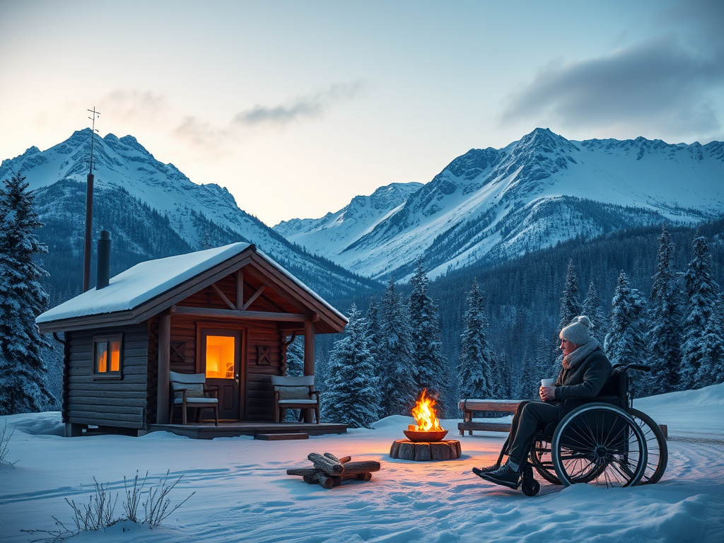 Een serene winterlandschap met een rolstoelgebruiker bij een kampvuur.
