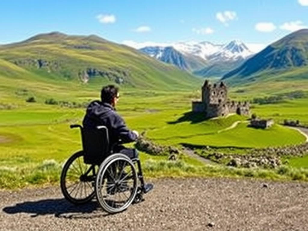 Een rolstoelreiziger in een prachtig Schots landschap.
