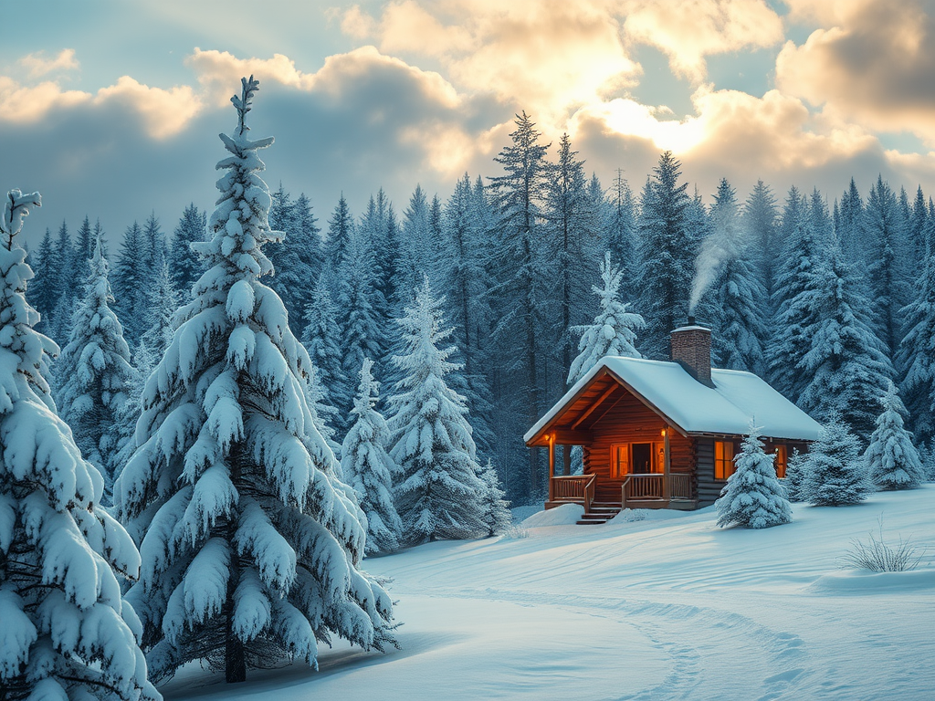 Een serene winterlandschap met een gezellige cabin.