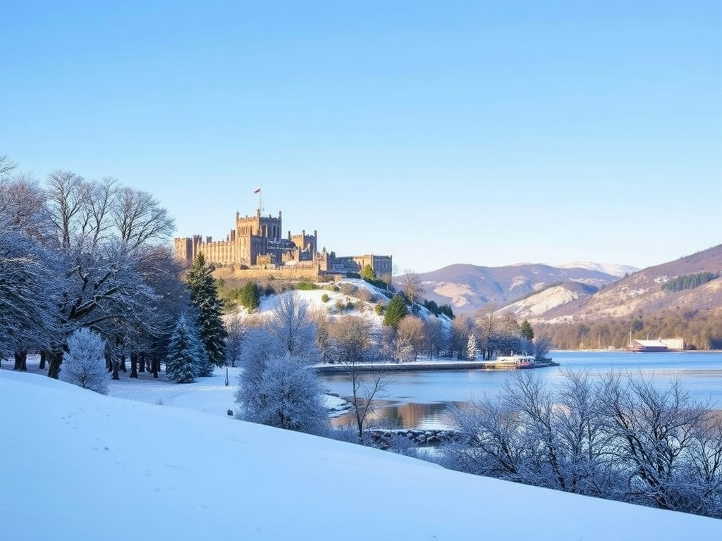 Sneeuwlandschap met kasteel en Loch Lomond.