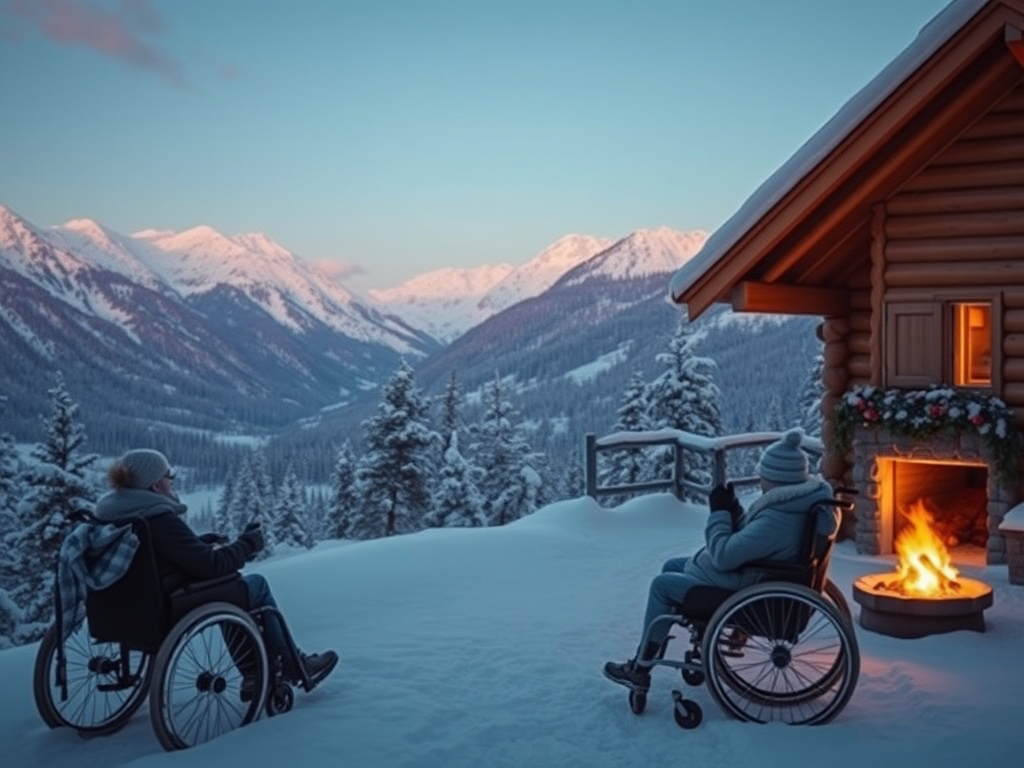 Een winterlandschap met besneeuwde bergen en een gezellig huisje.
