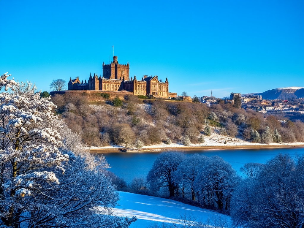 Sneeuwlandschap met kasteel en serene Loch Lomond.