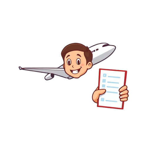 Vliegtuig stijgt op met blije reiziger en checklist.