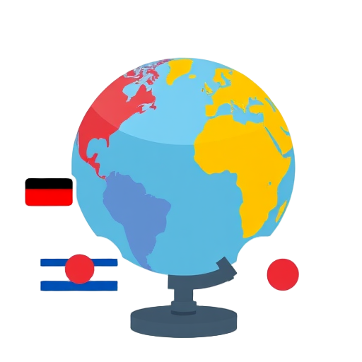 Kleurrijke wereldbol met spraakballonnen en diverse vlaggen.