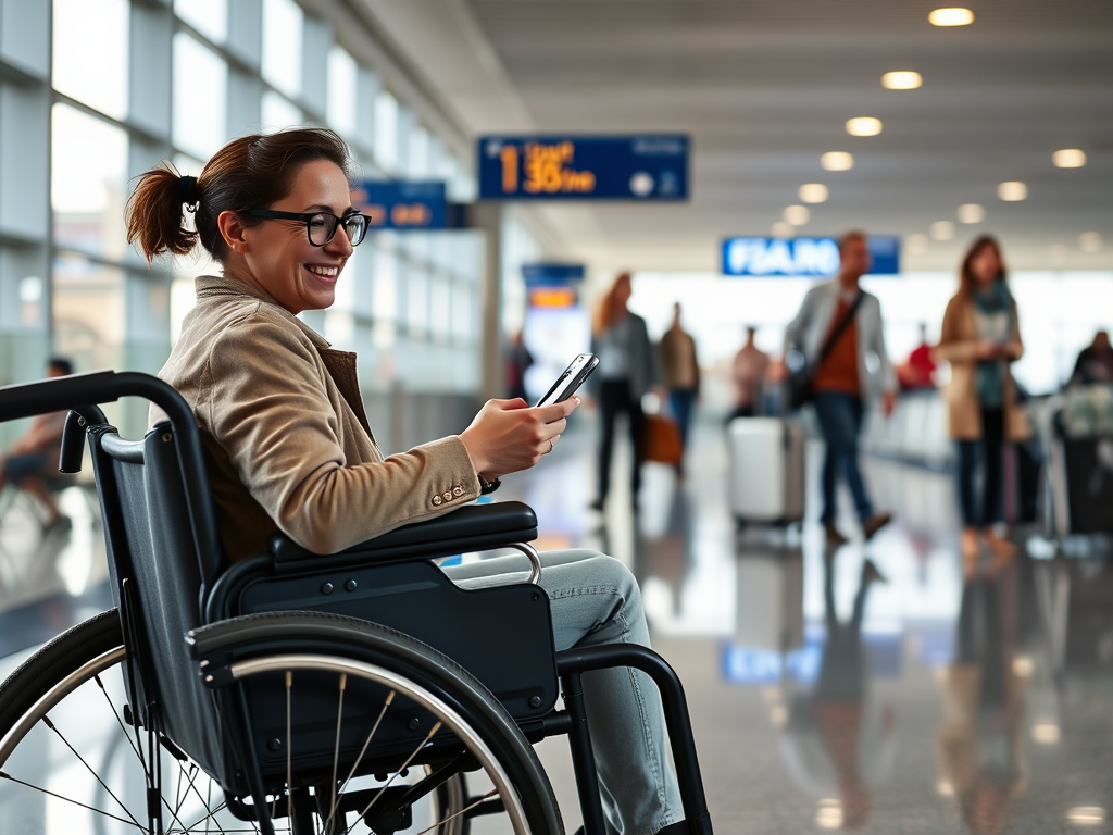 Een persoon in een rolstoel glimlacht en kijkt op hun telefoon.