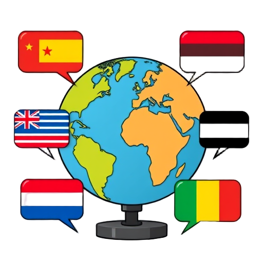 Kleurrijke globe met spraakballonnen en diverse vlaggen.