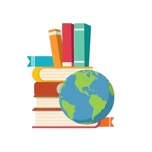 Kleurige boeken met een wereldbol.