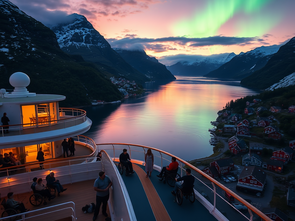 A majestic Norwegian fjord at sunset, "a modern cruise ship with wide accessible ramps," "wheelchair users enjoying the deck," "colorful fishing villages along the shore," "northern lights shimmering overhead."