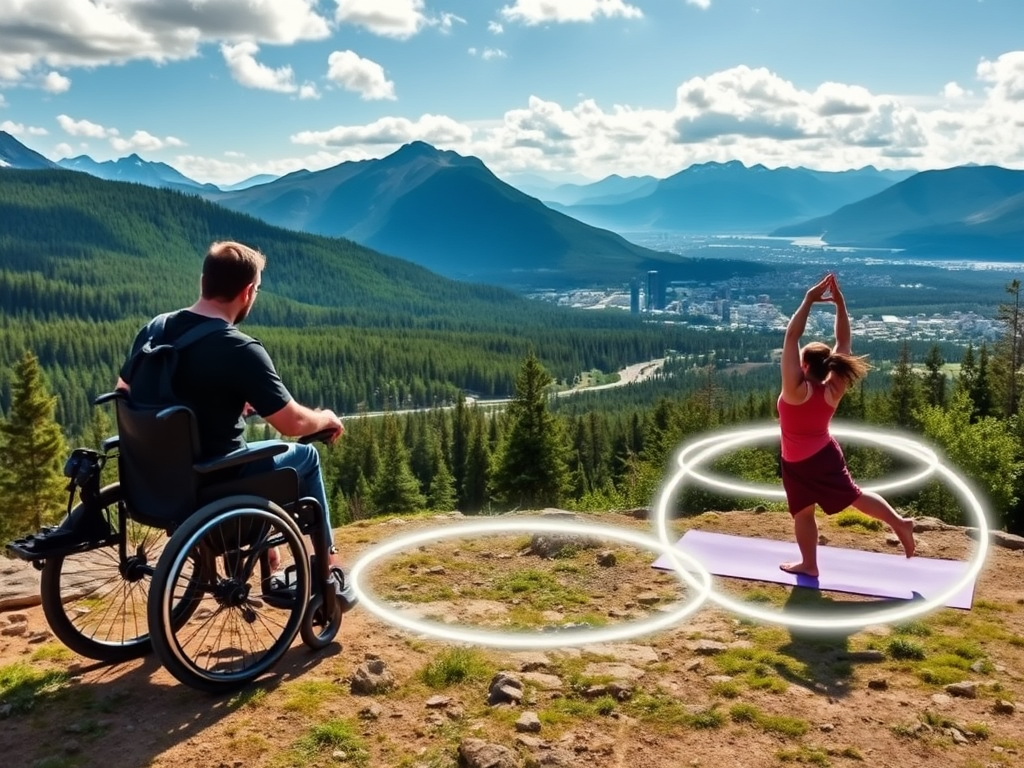 "wheelchair user exploring vast Canadian wilderness" "rugged mountains" "lush green forests" "city skyline with accessible paths" "diverse group practicing yoga outdoors" "dynamic sun salutations" "balanced yoga poses in serene park" "peaceful person medi