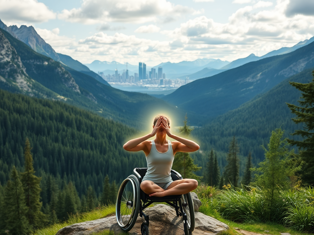 "wheelchair user exploring vast Canadian wilderness" "rugged mountains" "lush green forests" "city skyline with accessible paths" "diverse group practicing yoga outdoors" "dynamic sun salutations" "balanced yoga poses in serene park" "peaceful person medi