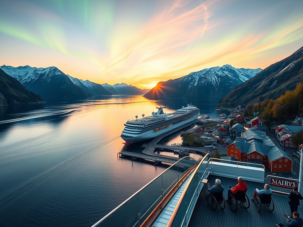 A majestic Norwegian fjord at sunset, "a modern cruise ship with wide accessible ramps," "wheelchair users enjoying the deck," "colorful fishing villages along the shore," "northern lights shimmering overhead."